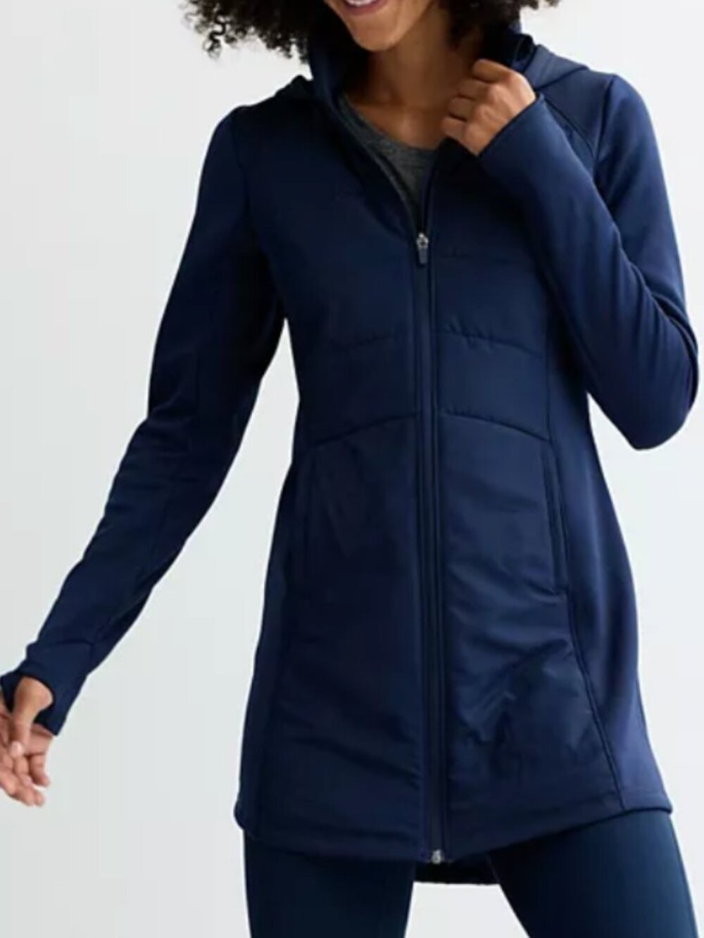 Women's Tek Gear Hooded Mixed Media Long Jacket, Navy Blue, Medium